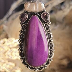 Mystic Purple Cat’s Eye Pendant, Silver Scroll Necklace With Pearl & Amethyst